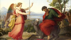 וַתֵּרֶא הָאָתוֹן אֶת-מַלְאַךְ יְהוָה נִצָּב בַּדֶּרֶךְ, וְחַרְבּוֹ שְׁלוּפָה בְּיָדוֹ, וַתֵּט הָאָתוֹן מִן-הַדֶּרֶךְ, וַתֵּלֶךְ בַּשָּׂדֶה; וַיַּךְ בִּלְעָם אֶת-הָאָתוֹן, לְהַטֹּתָהּ הַדָּרֶךְ. — ספר במדבר, פרק כ"ב, פסוק כ"ג בלעם, האתון והמלאך, ציור מאת רמברנדט משנת 1626 | מתוך ויקיפדיה