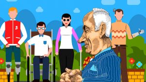 בנימין נתניהו, קריקטורה מאת רענן לוריא, ויקיפדיה | ברקע: נכים | עיבוד צילום: שולי סונגו ©