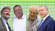 מימין: בנימין נתניהו, חיים כץ דוד ביטן ואריה דרעי ברקע התנועה איכות השלטון | עיבוד צילום: שולי סונגו ©