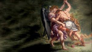 יעקב נאבק במלאך (שמן ווקס על טיח (ציור קיר),של יוג'ין דלקרואה, פריס | צילום: ויקיפדיה | עיבוד: שולי סונגו ©