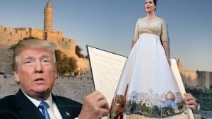 נשיא ארצות הברית דונלד טראמפ ושרת התרבות מירי רגב עם שמלה עליה תמונת ירושלים | עיבוד צילום: שולי סונגו ©