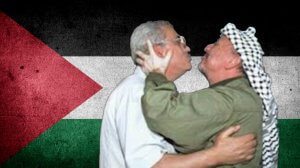 יאסר ערפאת עם אבו מאזן ברקע: דגל פלסטין | עיבוד: שולי סונגו ©