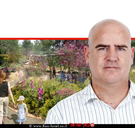 עורך דין עדיאל שמרון מנהל רשות מקרקעי ישראל ויושב ראש הקרן לשטחים פתוחים ברקע צילום: הדמייה של יער-ירושלים -"ליגם" פרויקטים סביבתיים | עיבוד ממחושב: שולי סונגו©