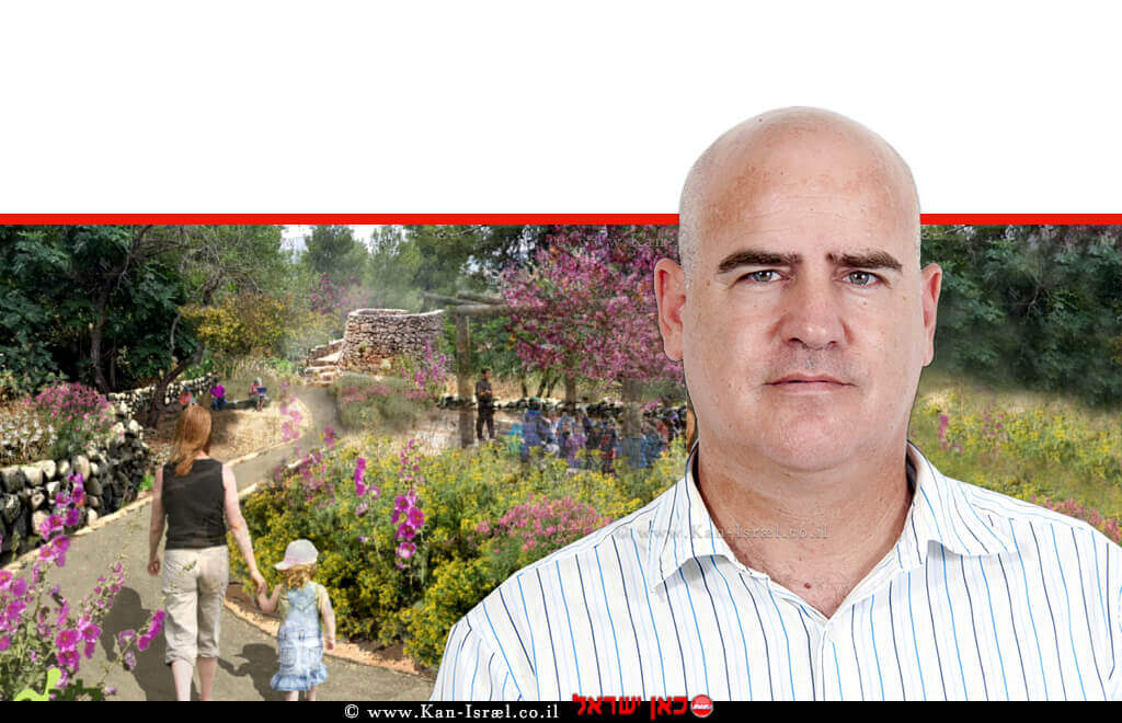 עורך דין עדיאל שמרון מנהל רשות מקרקעי ישראל ויושב ראש הקרן לשטחים פתוחים ברקע צילום: הדמייה של יער-ירושלים -"ליגם" פרויקטים סביבתיים | עיבוד ממחושב: שולי סונגו©