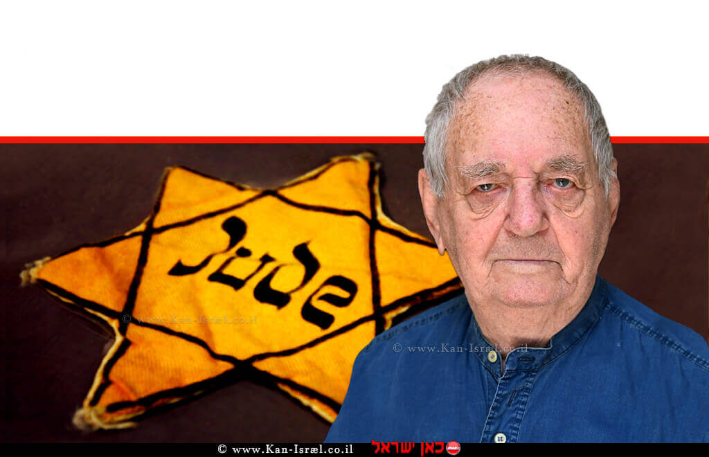 זוהר ארנון, ניצול שואה מדליק משואה ביום הזיכרון לשואה ולגבורה לזכרם של 6 מיליון היהודים | רקע: טלאי צהוב יהודי | עיבוד צילום ממחושב: שולי סונגו©