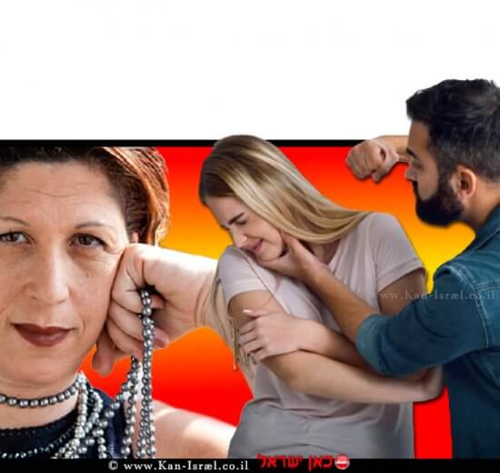 עורכת הדין רוני אלוני סדובניק, פמיניסטית אקטיביסטית בעולם המשפט ברקע: גבר מכה אישה | עיבוד צילום: שולי סונגו ©