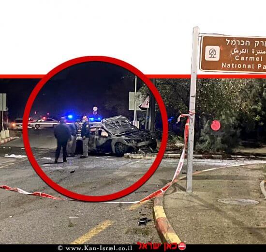 תוצאות תאונת דרכים עצמית בה פגע בעמוד תאורה סמוך לאוניברסיטת חיפה במהלכה נמצאה גופת גבר ליד הרכב | צילום: דוברות המשטרה | עיבוד: שולי סונגו ©