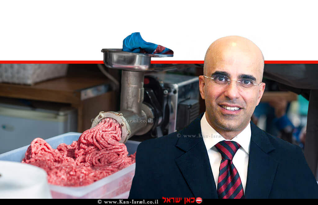 דני טל מנהל מינהל היבוא ויושב ראש ועדת המכסות של משרד הכלכלה; ברקע: בשר טחון טרי | עיבוד צילום: שולי סונגו