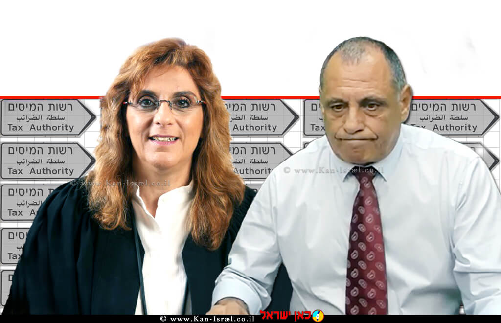 עורך דין דוד לוי, שהורשע בריבוי עבירות של 'גניבה בידי מורשה' משמאל: כב' השופטת דנה מרשק-מרום, ברקע: שלט רשות המסים | צילום: פייסבוק | צילום: אתר בתי המשפט | צילום עיבוד: שולי סונגו ©