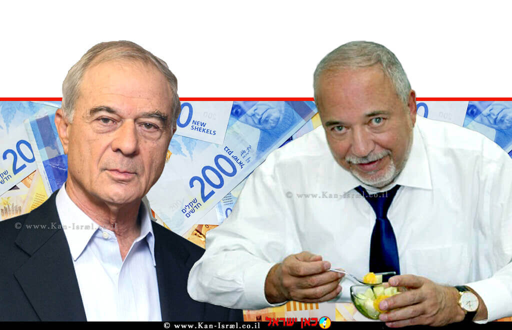 שר האוצר אביגדור ליברמן ו-נשיא איגוד לשכות המסחר עורך דין אוריאל לין ברקע: שטרות ₪ | צילום: ©depositphotos | עיבוד צילום: שולי סונגו ©