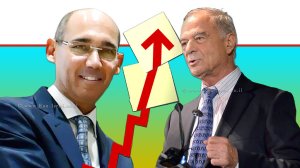 אוריאל לין, נשיא איגוד לשכות המסחר, נגיד בנק ישראל פרופ' אמיר ירון, ברקע גרף עליית המחירים | עיבוד צילום: שולי סונגו ©