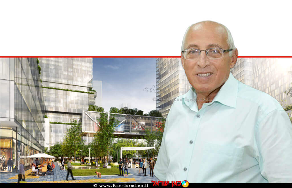 מוטי ששון ראש עיריית חולון צלם: ראובן קופיצ'ינסקי ברקע: הדמיה של מתחם יוספטל חולון, ישר אדריכלים | עיבוד צילום: שולי סונגו ©