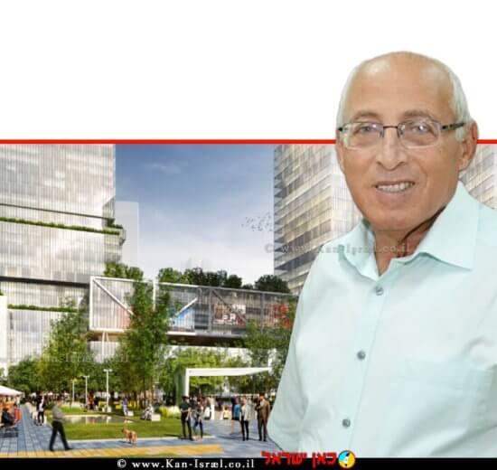 מוטי ששון ראש עיריית חולון צלם: ראובן קופיצ'ינסקי ברקע: הדמיה של מתחם יוספטל חולון, ישר אדריכלים | עיבוד צילום: שולי סונגו ©
