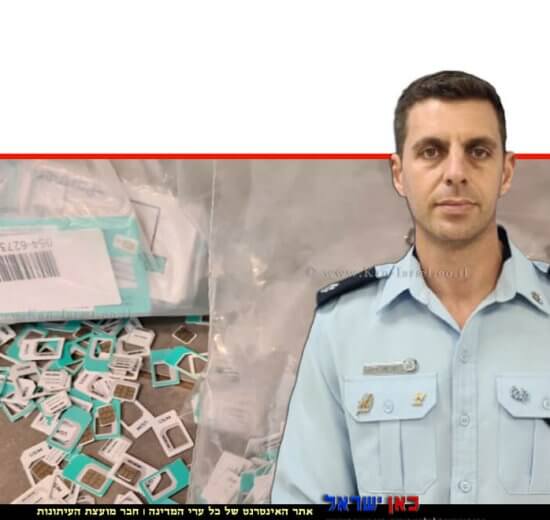 רב פקד אריאל רוה ראש מחלק חקירות ביחידת הסייבר ב'יחידת להב 433' של המשטרה ברקע: סִימִים כרטיסי טלפון סלולרי | צילום: דוברות המשטרה | עיבוד צילום: שולי סונגו ©
