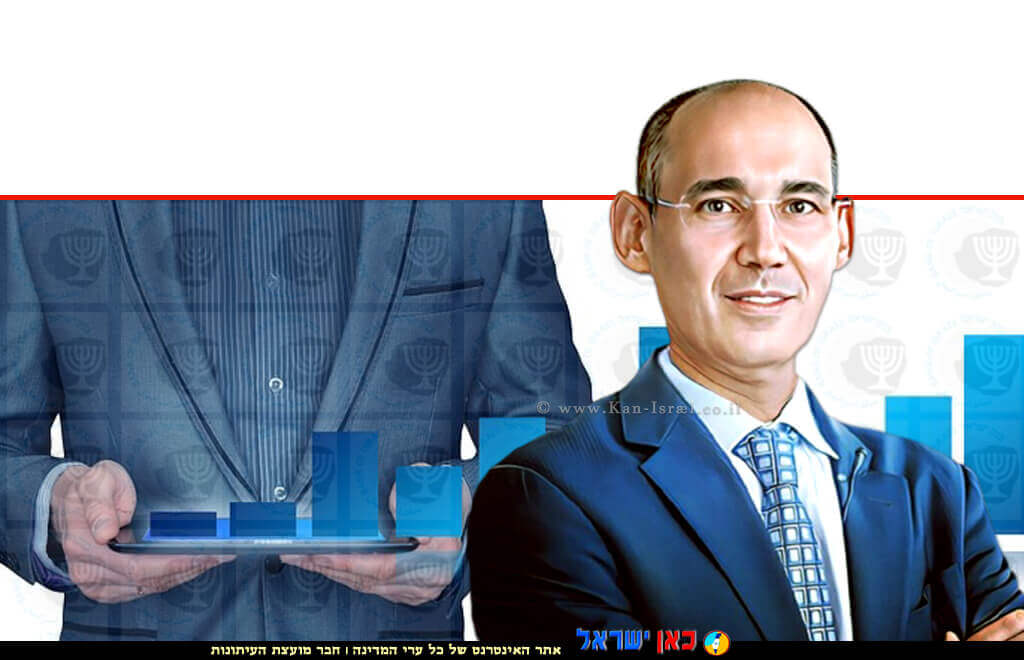 נגיד בנק ישראל הפרופ' אמיר ירון, ברקע: הדמייה של איש מחזיק נתוני מדד | עיבוד: Photolab | עיבוד צילום: שולי סונגו ©