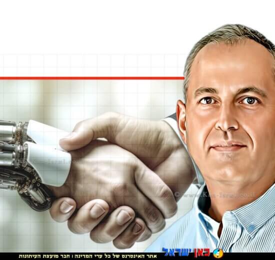 ד"ר רוני-הירשפרונג ברקע: תקריב של איש עסקים ו-רובוט בעל בינה מלאכותית לוחצים ידיים | עיבוד: Photolab | עיבוד צילום: שולי סונגו ©