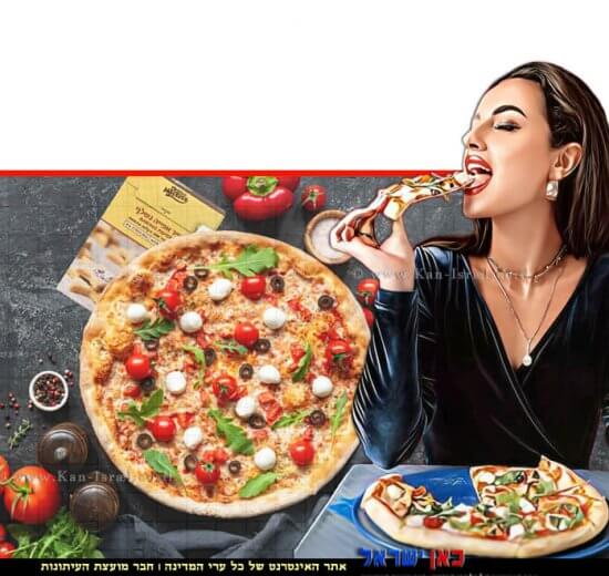 דוגמנית אוכלת פיצה דקה לרגל יום הפיצה הבינלאומי, מתכון באדיבות המותג הוסטס, צילום: www.123rf.com | צילום פיצה ברקע: אינטרסן | עיבוד: Photolab | עיבוד צילום: שולי סונגו ©