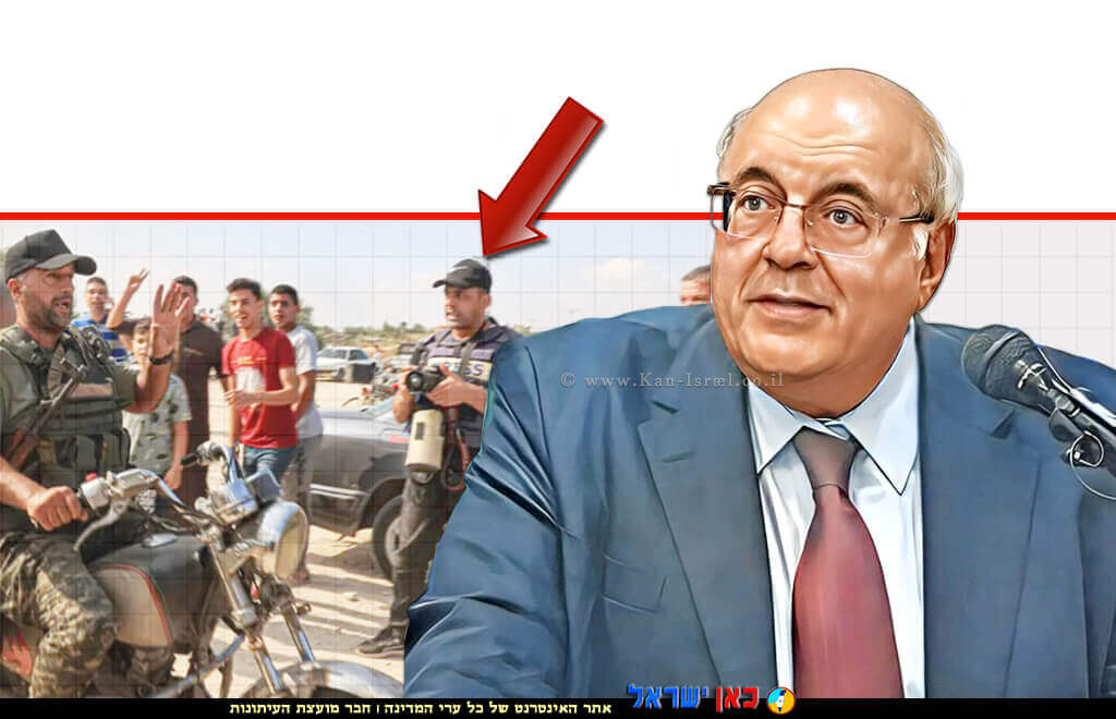 נשיא מועצת העיתונות כב' השופט העליון בדימוס חנן מלצר | ברקע: עיתונאי חמאס בטבח מסומן בחץ, עם מחבלי חמאס ב-7 באוקטובר 2023 | עיבוד: Photolab | עיבוד צילום: שולי סונגו ©