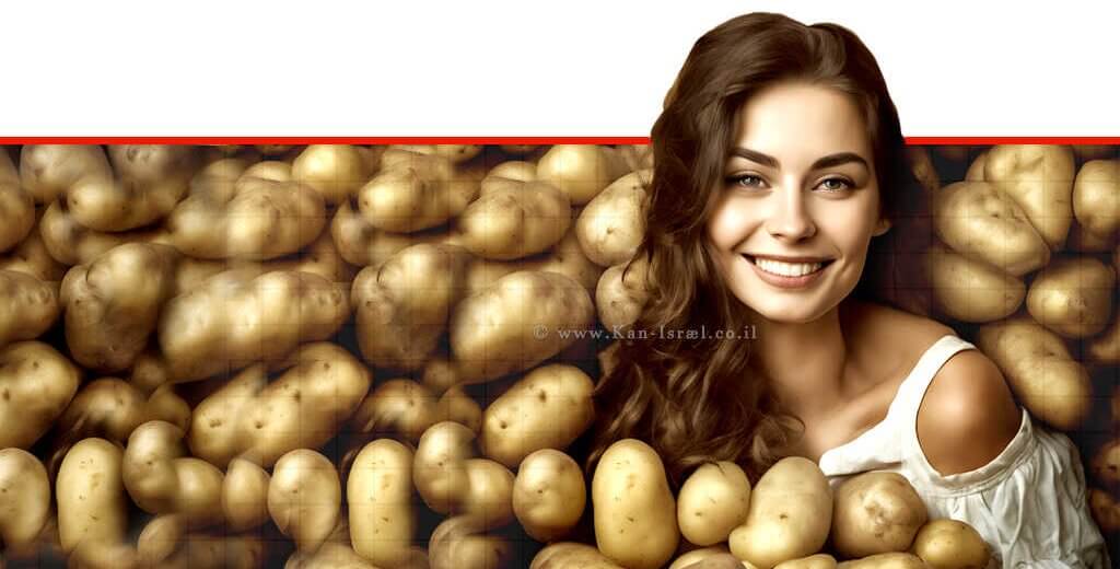צעירה נאה מוקפת תפוחי אדמה לרגל חג ל"ג בעומר, צילום: באמצעות: בינה מלאכותית | צילום: 123rf-com | עיבוד: Photolab | עיבוד צילום: שולי סונגו ©
