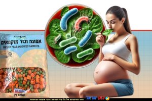 אישה בהיריון אוכלת ירקות | הדמייה ברקע: סכנת חיידקי ליסטריה באפונה וגזר מוקפאים של "אינדירה" עלול לגרום הפלות בנשים הרות |בינה מלאכותית Microsoft Copilot | עיבוד צילום: שולי סונגו ©