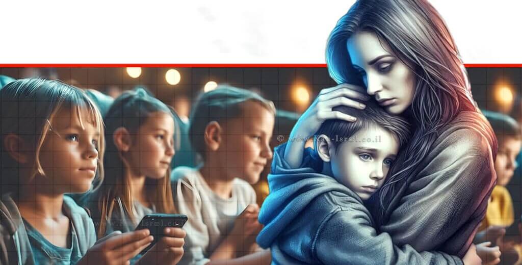 אם מחבקת ומסתירה מעיני בנה צילומים קשים במדיה ברקע: ילדים צופים ב-WhatsApp TikTok ו-Instagram | צילום: בינה מלאכותית 123rf-com | Microsoft Copilot | עיבוד: Photolab | עיבוד צילום: שולי סונגו ©