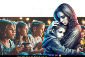 אם מחבקת ומסתירה מעיני בנה צילומים קשים במדיה ברקע: ילדים צופים ב-WhatsApp TikTok ו-Instagram | צילום: בינה מלאכותית 123rf-com | Microsoft Copilot | עיבוד: Photolab | עיבוד צילום: שולי סונגו ©