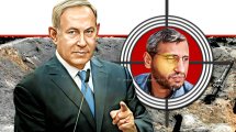 מוחמד דף על הכוונת וראש הממשלה בנימין נתניהו ברקע: המכתש שנוצר מתקיפת צה"ל את מוחמד דף וסגנו רפאע סלאמה בחאן יונס יריב לוין שר המשפטים, סגן ראש הממשלה וחבר הכנסת מטעם סיעת הליכוד | עיבוד: Photolab | עיבוד צילום: שולי סונגו ©