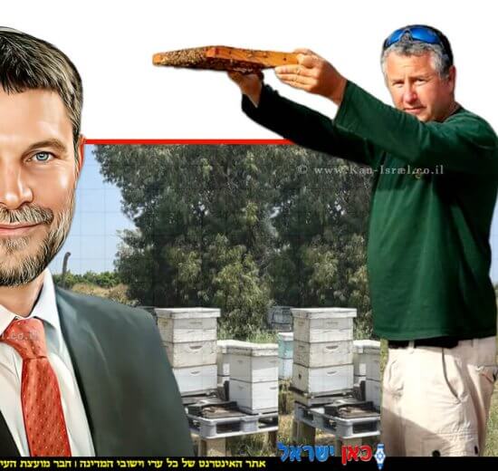 דורון ליבנה יו"ר ארגון מגדלי הדבורים מכפר בילו בכוורת מול שר האוצר בצלאל סמוטריץ | עיבוד צילום: בינה מלאכותית, 123rf-com | עיבוד: Photolab | עיבוד צילום: שולי סונגו ©