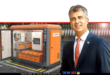 שר האנרגיה והתשתיות, מר אלי כהן ברקע: מתקן אגירה להפקת חשמל מאנרגיות מתחדשות רקע: הדמייה באמצעות בינה מלאכותית GeminiGoogleCom | עיבוד: Photolab | עיבוד צילום: שולי סונגו ©