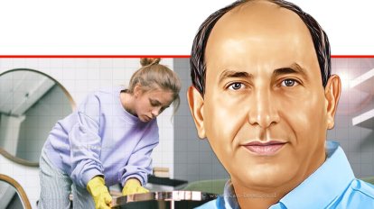 רמי לוי מנכ''ל רמי לוי שיווק השקמה ברקע אישה עם חומרי ניקיון לחג פסח, צילום: יח"צ | עיבוד: Photolab | עיבוד צילום: שולי סונגו ©