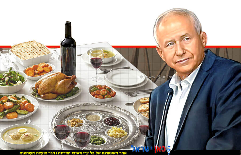 אבי דיכטר שר החקלאות וביטחון המזון, ברקע שולחן חג פסח והמזון | הדמייה באמצעות בינה מלאכותית של Gemini Google | עיבוד: Photolab | עיבוד צילום: שולי סונגו©