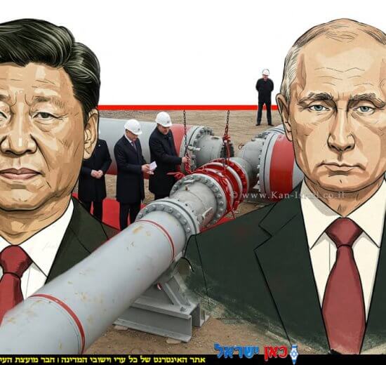נשיא רוסיה ולדימיר פוטין ועמיתו נשיא סין 习近平 שי ג'ינפינג ברקע: צינור הגז "עוצמת סיביר" | בינה מלאכותית של Gemini Google | עיבוד: Photolab | עיבוד צילום: שולי סונגו©