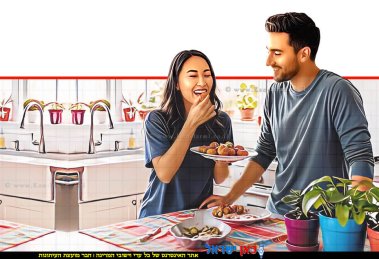 זוג צעיר נהנה מאד מפלאפל ביתי | הדמייה באמצעות בינה מלאכותית של Gemini Google | עיבוד: Photolab | עיבוד צילום: שולי סונגו©
