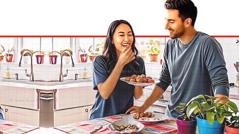 זוג צעיר נהנה מאד מפלאפל ביתי | הדמייה באמצעות בינה מלאכותית של Gemini Google | עיבוד: Photolab | עיבוד צילום: שולי סונגו©