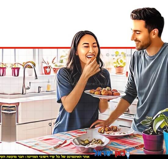 זוג צעיר נהנה מאד מפלאפל ביתי | הדמייה באמצעות בינה מלאכותית של Gemini Google | עיבוד: Photolab | עיבוד צילום: שולי סונגו©