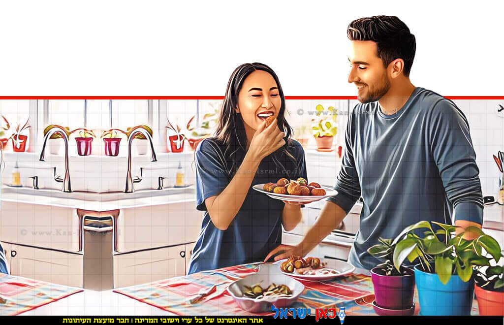 זוג צעיר נהנה מאד מפלאפל ביתי | הדמייה באמצעות בינה מלאכותית של Gemini Google | עיבוד: Photolab | עיבוד צילום: שולי סונגו© זוג צעיר נהנה מאד מפלאפל ביתי | הדמייה באמצעות בינה מלאכותית של Gemini Google | עיבוד: Photolab | עיבוד צילום: שולי סונגו©