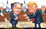 קריקטורה של נשיא ארה"ב דולנד טראמפ מחייך ומביע תמיכה בבנימין נתניהו מודה ומרוצה בבית המשפט טור אישי של ד"ר אברהם בן עזרא | הדמייה בינה מלאכותית של Gemini Google | עיבוד צילום: שולי סונגו©