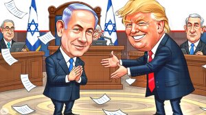 קריקטורה של נשיא ארה"ב דולנד טראמפ מחייך ומביע תמיכה בבנימין נתניהו מודה ומרוצה בבית המשפט טור אישי של ד"ר אברהם בן עזרא | הדמייה בינה מלאכותית של Gemini Google | עיבוד צילום: שולי סונגו©