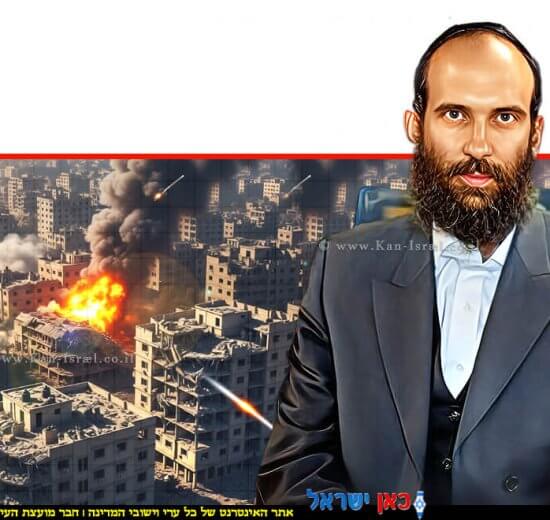 מנכל משרד הבינוי והשיכון יהודה מורגנשטרן ברקע: הדמיית בניינים שהופצצו בטילים צילום: מיכאל דימנשטיין, לע"מ | הדמייה באמצעות בינה מלאכותית של Gemini Google | עיבוד: Photolab | עיבוד צילום: שולי סונגו©