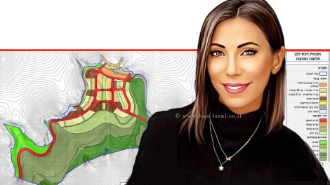 עינב רינגלר מנהלת אגף בכיר תכנון ופרויקטים ברשות מקרקעי ישראל (רמ"י) ברקע: חלופה לתכנית רכס לבן | צילום: מפה ויקיפדיה | עיבוד: Photolab | עיבוד צילום: שולי סונגו©