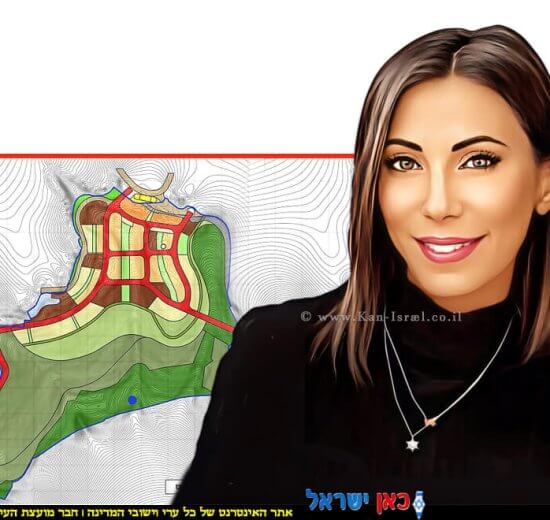 עינב רינגלר מנהלת אגף בכיר תכנון ופרויקטים ברשות מקרקעי ישראל (רמ"י) ברקע: חלופה לתכנית רכס לבן | צילום: מפה ויקיפדיה | עיבוד: Photolab | עיבוד צילום: שולי סונגו©