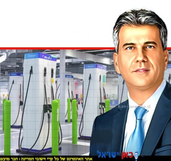 אלי כהן שר האנרגיה והתשתיות ברקע: עמדות טעינה ציבוריות לרכב | הדמייה באמצעות בינה מלאכותית של Gemini Google | עיבוד: Photolab | עיבוד צילום: שולי סונגו©