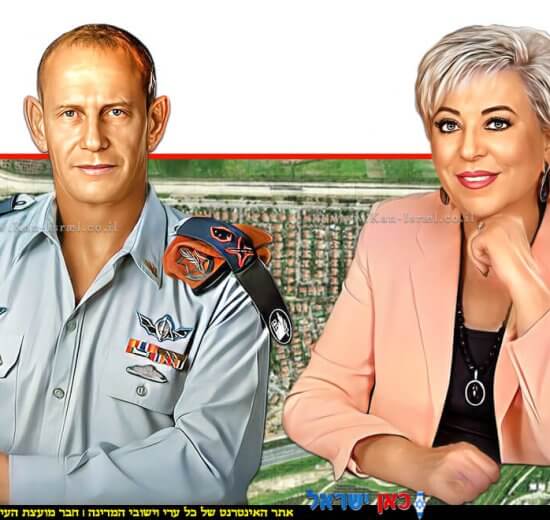 ראש העיר נתניה הגב' מרים פיירברג-איכר מול אלוף פיקוד העורף, רפי מילוא, צילום: דו"ץ | רקע: בת חפר, צילום אווירי, ויקיפדיה | עיבוד: Photolab | עיבוד צילום: שולי סונגו©