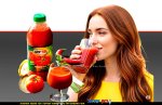 צעירה שותה בהנאה מיץ עגבניות של פרימור, עשוי מריכוז עגבניות מפוסטר ללא חומרים משמרים וללא צבעי מאכל, צילום עמית שטראוס | הדמייה באמצעות בינה מלאכותית של Gemini Google | עיבוד: Photolab | עיבוד צילום: שולי סונגו©