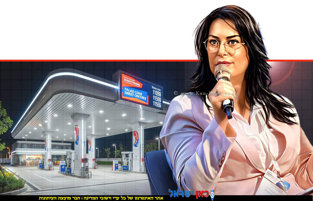 מנהלת מינהל הדלק והגז במשרד האנרגיה והתשתיות הגב' בת שבע אבוחצירה ברקע: תחנת דלק, משק דלק מודרני | בינה מלאכותית של Gemini Google | עיבוד: Photolab | עיבוד צילום: שולי סונגו©