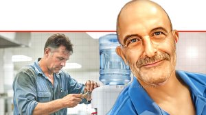 עורך דין גיורא אלדן והדמיה של טכנאי השירות לתיקון בר המים שהתקלקל | בינה מלאכותית של Gemini Google | עיבוד: Photolab | עיבוד צילום: שולי סונגו©
