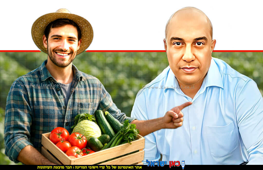 אורן לביא מנכ"ל משרד החקלאות וביטחון המזון, ברקע: הדמייה של צעיר עם יבול חקלאות | בינה מלאכותית של Gemini Google | עיבוד: Photolab | עיבוד צילום: שולי סונגו© אורן לביא מנכ"ל משרד החקלאות וביטחון המזון, ברקע: הדמייה של צעיר עם יבול חקלאות | בינה מלאכותית של Gemini Google | עיבוד: Photolab | עיבוד צילום: שולי סונגו©