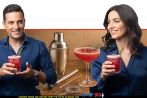 אישה וגבר לוגמים לחג קוקטייל חגיגי "שנה מתוקה" מרענן ומרגש ברקע: משקה מיוחד מבית סולתם | בינה מלאכותית של Gemini Google | עיבוד צילום: שולי סונגו©