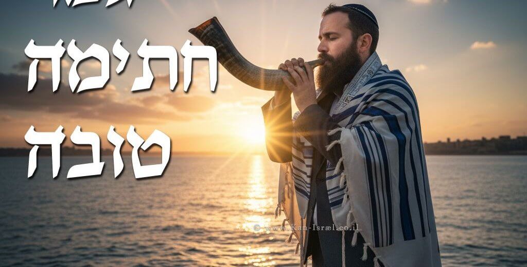 ברכת גמר חתימה טובה ברקע גבר יהודי עם טלית תוקע בשופר לרגל יום הכיפורים ברקע ים וזריחת השמש | בינה מלאכותית של Gemini Google | עיבוד: Photolab | עיבוד צילום: שולי סונגו©