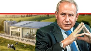 שר החקלאות אבי דיכטר על תוכנית תשעת שלבי יעילות בתעשיית חלב ברקע מחלבה מודרנית | בינה מלאכותית של Gemini Google | עיבוד צילום: שולי סונגו©